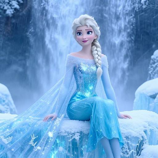 Digital CGI of Elsa from Frozen, sitting on icy rocks, wearing a sparkling blue gown with long braid, in front of a cascading waterfall.
