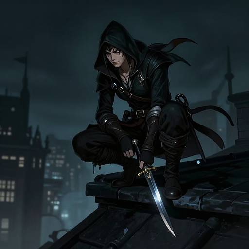 Digital art of a hooded, dark-clad assassin crouching on a rooftop at night, holding a glowing sword, with a cityscape background