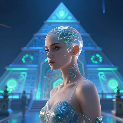 CGI image of a futuristic, bald woman with glowing blue circuitry on her head and shoulders, in front of a neon-blue pyramid structure. She