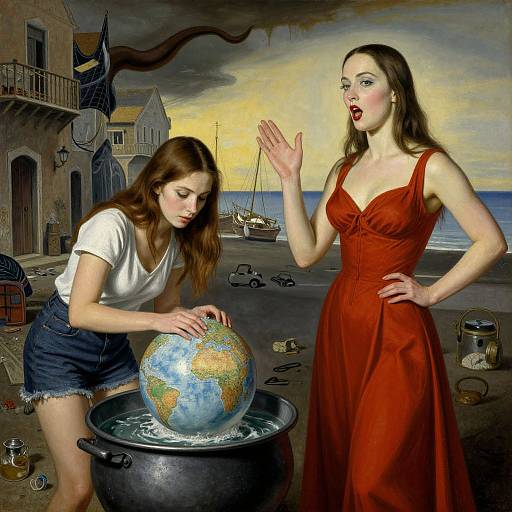 Digital artwork of two women: one in a white shirt and denim shorts, another in a red dress, standing by a cauldron with a globe
