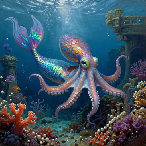 Vibrant digital illustration of a colorful, bioluminescent octopus with iridescent scales, swimming in a sunlit, underwater coral reef