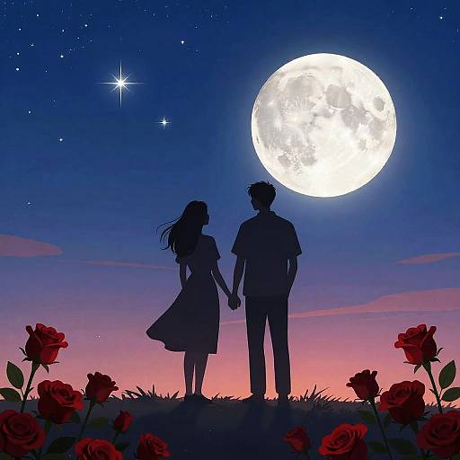 Silhouetted couple holding hands, gazing at full moon, surrounded by red roses, against a starry twilight sky. Digital art.