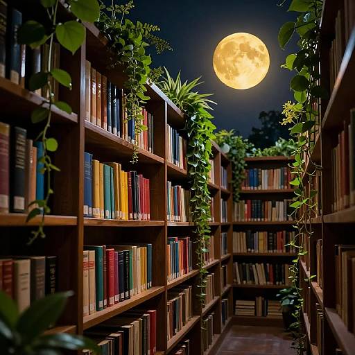 Photograph of a dimly lit library at night, with full moon glowing brightly, surrounded by tall bookshelves filled with colorful books, and green