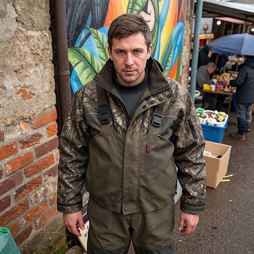 Photograph of a man with short brown hair, wearing a dark patterned jacket and olive pants, standing outdoors beside a colorful mural, with a market