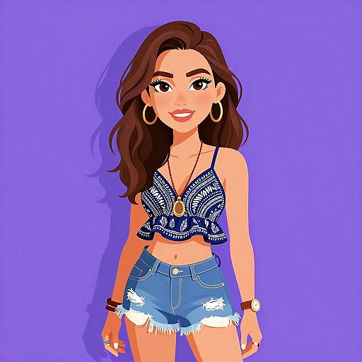 Digital illustration of a smiling woman with long brown hair, wearing a blue patterned crop top, high-waisted denim shorts, and large hoop earrings