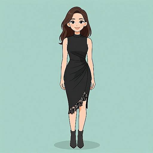 Digital drawing of a smiling woman with long brown hair, wearing a sleeveless black dress with lace detail, black ankle boots, standing against a light blue
