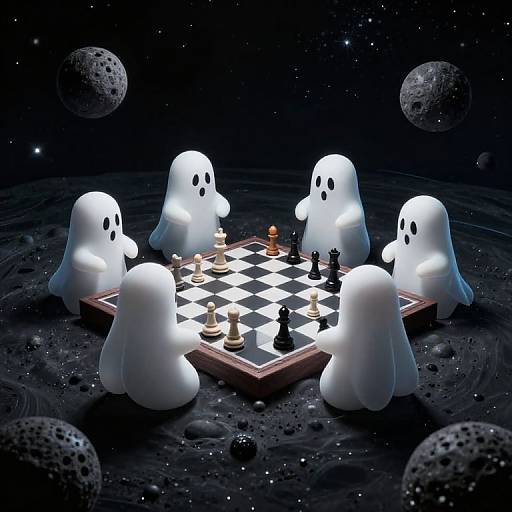 Digital artwork of six glowing ghostly figures playing chess on a cosmic, asteroid-filled moonlit surface with a starry night sky background.