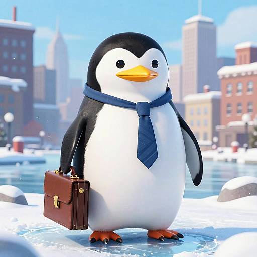 CGI image of an anthropomorphic penguin with a blue tie and brown briefcase, standing on ice in a snowy cityscape.