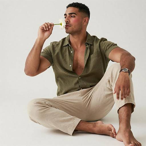 Muscular Man Sitting with White Flower