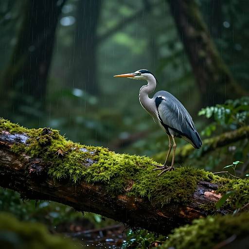 Photograph of a grey heron with white neck and black stripe, standing on a moss-covered log in a rainforest, with blurred green foliage and