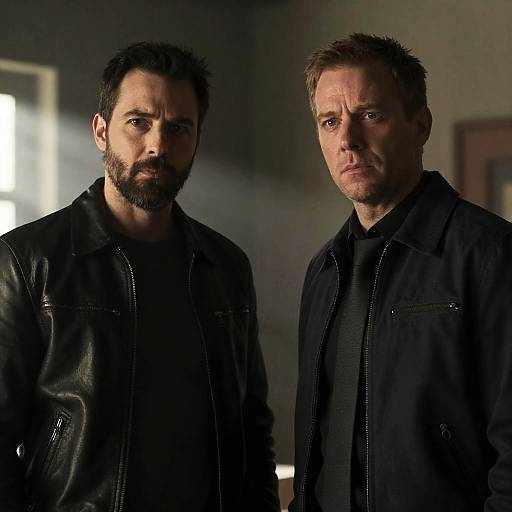 Two Men with Intense Expressions in Dim Room