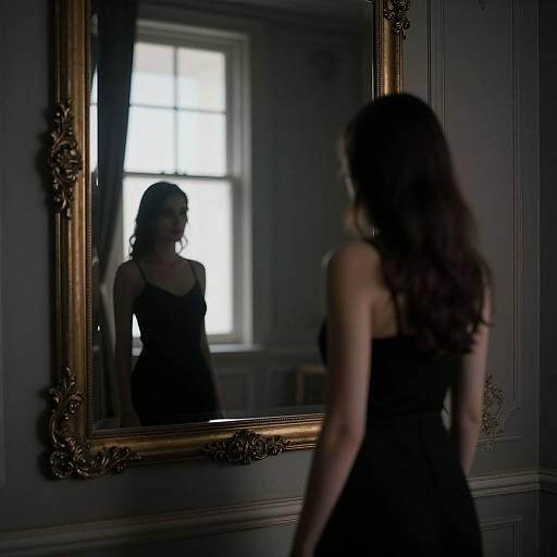 Photograph of a woman with long wavy brown hair, wearing a black dress, standing in front of an ornate, gold-framed mirror,