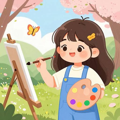 Cute anime girl with brown hair, blue overalls, and white shirt paints outdoors, with a butterfly on her canvas and palette.