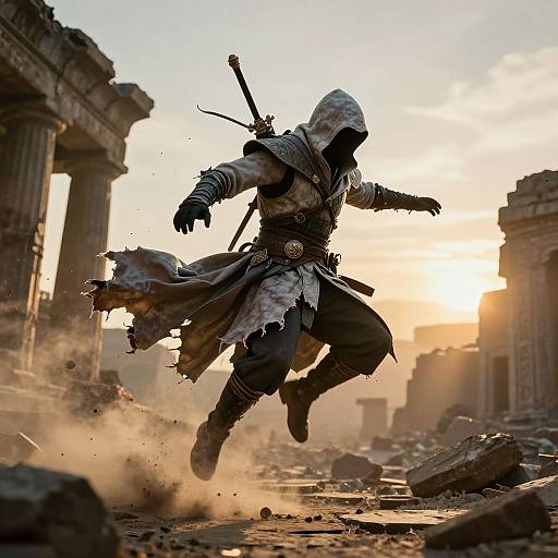 Photorealistic CGI of a hooded, armored warrior with a sword, leaping through a sunlit, ruined cityscape, surrounded by dust and
