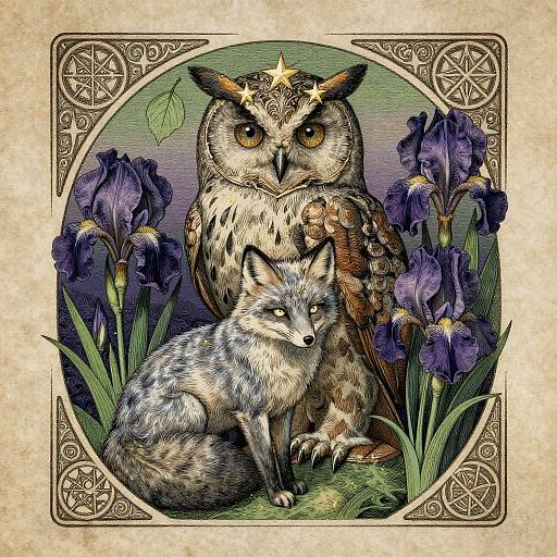 Art Nouveau Owl and Fox Engraving