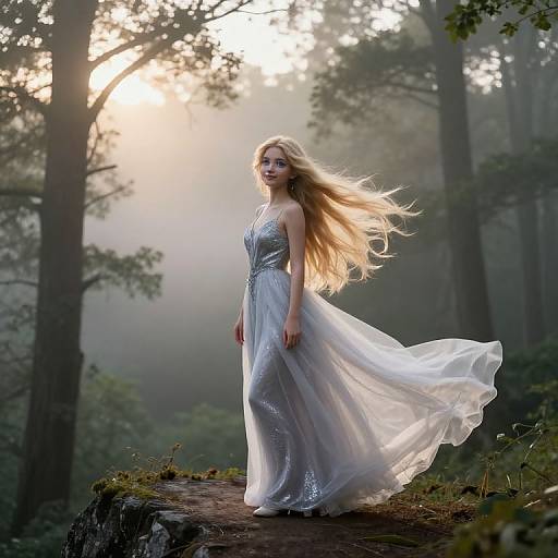 Photograph of a blonde woman in a flowing, silver-sequined gown standing on a mossy forest rock, sunlight filtering through tall trees, her