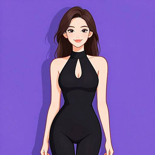 Digital anime-style drawing of a smiling woman with long brown hair, wearing a black halter-neck bodysuit with a keyhole cutout, against