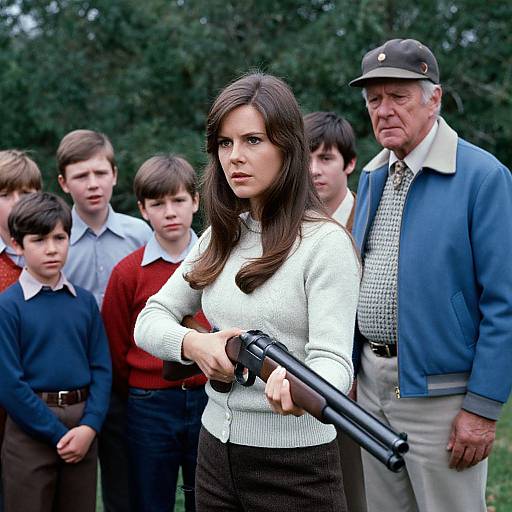 Photograph of a serious woman with long brown hair in a white sweater, holding a rifle, flanked by children and an older man in a blue
