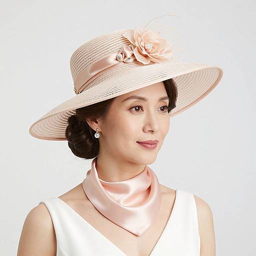 Photograph of a smiling woman with fair skin and dark hair, wearing a white hat adorned with a pink rose, a matching pink satin scarf, and