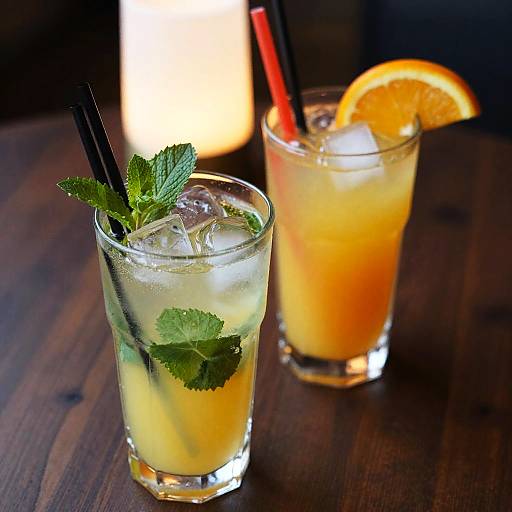 Two Colorful Cocktails on Wooden Table