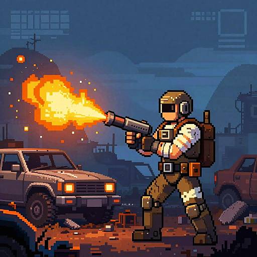 Pixel Art Rebel Mechanic at Dusk