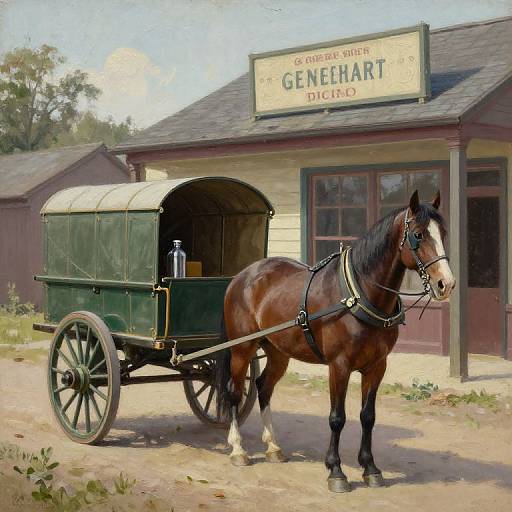 Photorealistic painting of a brown horse hitched to a green wagon, in front of 