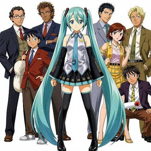 Digital anime-style group portrait featuring Hatsune Miku with long turquoise twin-tails, flanked by diverse characters in business and casual attire.