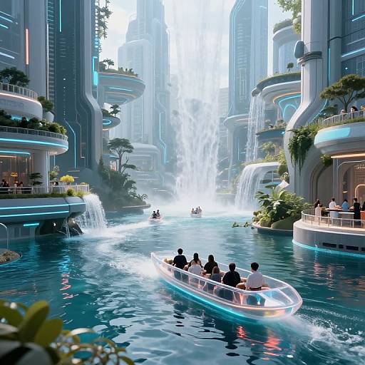 CGI futuristic cityscape with glowing skyscrapers, cascading waterfalls, and neon-lit floating boat carrying silhouetted people on turquoise