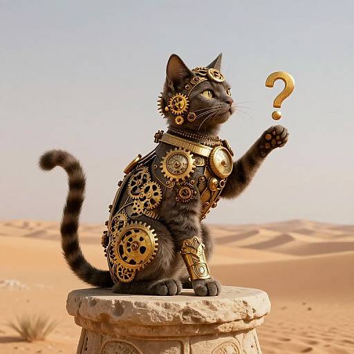 Digital artwork of a black cat adorned with gold gears and jewelry, sitting on a stone pedestal in a desert, staring at a floating question mark.