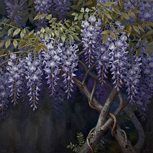 Digital painting of a tree with twisted, gnarled branches adorned with vibrant, cascading purple wisteria flowers and green leaves, set against a