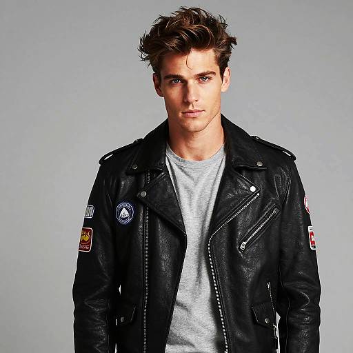 Man in Black Leather Biker Jacket