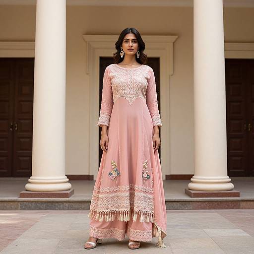 Photograph of a South Asian woman with dark hair in a peach traditional long dress with lace and embroidery, standing between white columns, in front of dark