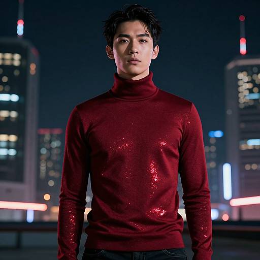 Photograph of an Asian man with short black hair, wearing a shiny red turtleneck sweater, standing against a night cityscape with blurred neon lights