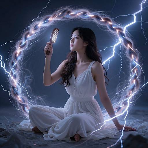 Photograph: Asian woman with long black hair, wearing a white dress, sits cross-legged, holding a comb, surrounded by electric blue lightning in a