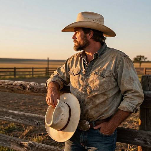 Photograph of a bearded rancher in a beige hat and worn denim shirt, leaning on a wooden fence at sunset.
