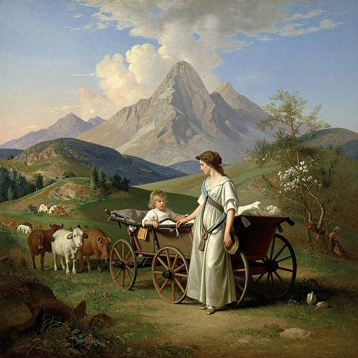 Classic painting of a woman in a white dress standing beside a wooden cart with a child, in a lush mountain landscape.