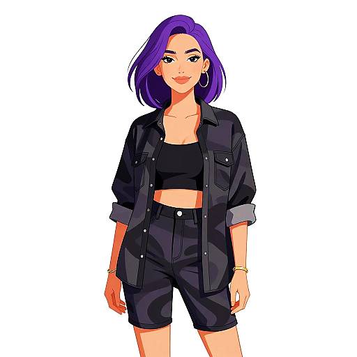 Digital drawing of a confident woman with purple hair, wearing a black crop top, open jacket, and high-waisted shorts, against a white background
