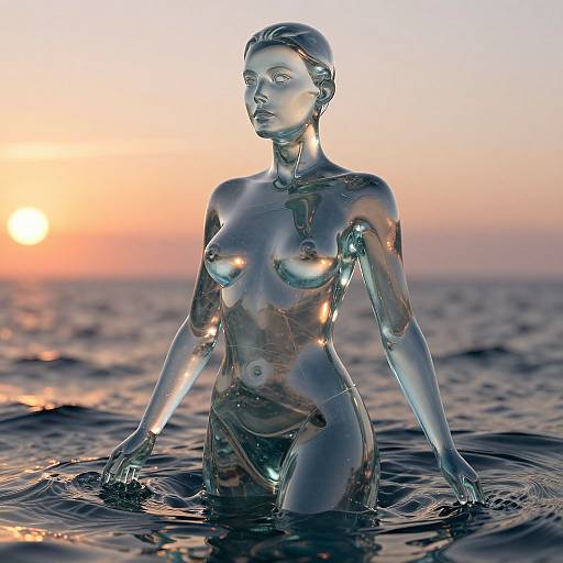 Photorealistic CGI of a transparent, silver-skinned, nude woman with small breasts standing in ocean water at sunset. Reflections and light create a