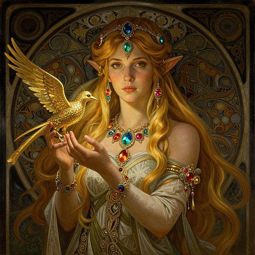 Digital fantasy artwork of a beautiful, long-haired, elven woman with pointed ears, adorned with colorful jewels, gently holding a golden bird.