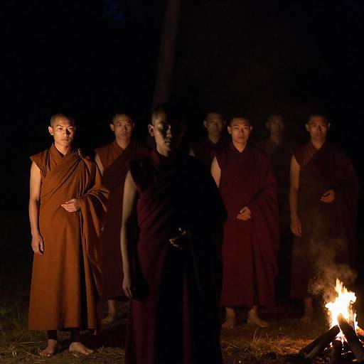 Monks in Dark Forest at Night