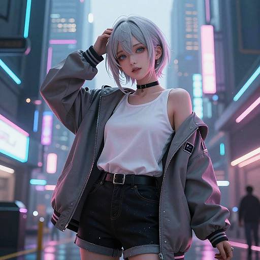 Anime Character in Cyberpunk Cityscape