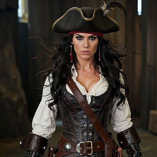 Photograph of a fierce, dark-haired woman in a pirate costume with black tricorn hat, white shirt, black corset, and leather gloves,