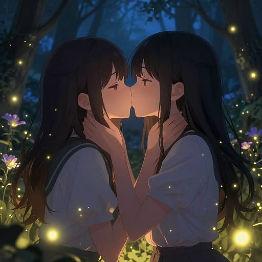 Anime-style digital artwork of two girls with long black hair, kissing in a dark, enchanted forest surrounded by glowing fireflies.