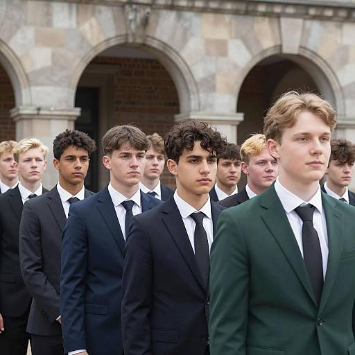 Young Men in Line by Stone Building
