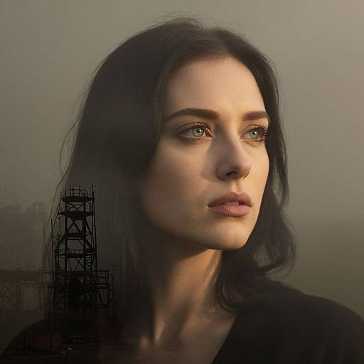 Photorealistic digital portrait of a pale-skinned woman with green eyes, black wavy hair, and neutral expression, set against a muted background with