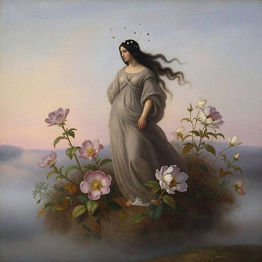 Romantic painting of a serene, dark-haired woman with a flowing gray dress, standing amidst blooming pink and white flowers, surrounded by mist, with