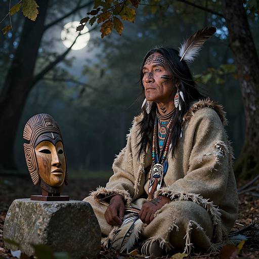 Photograph of a Native American woman in traditional feathered headdress and fur robe, sitting in a moonlit forest, beside a carved wooden mask on