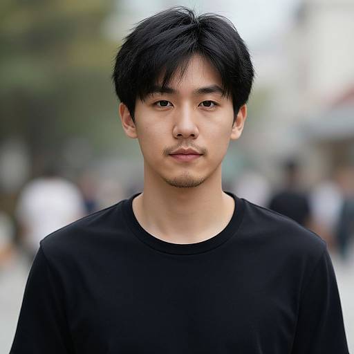 Photograph of an Asian man with black hair, light skin, and a goatee, wearing a black shirt, standing in a blurred urban street background