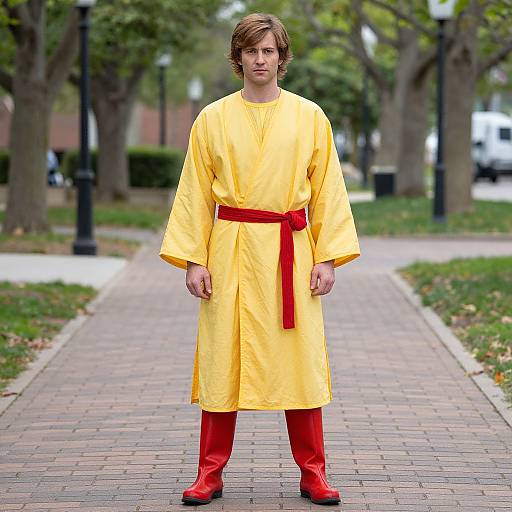 Photograph of a young man with brown hair wearing a yellow tunic, red belt, red boots, and standing on a brick path in a park
