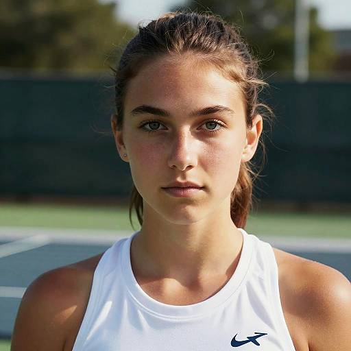 Photograph of a focused young woman with brown hair in a ponytail, wearing a white Nike sports tank top, standing on a sunlit tennis court